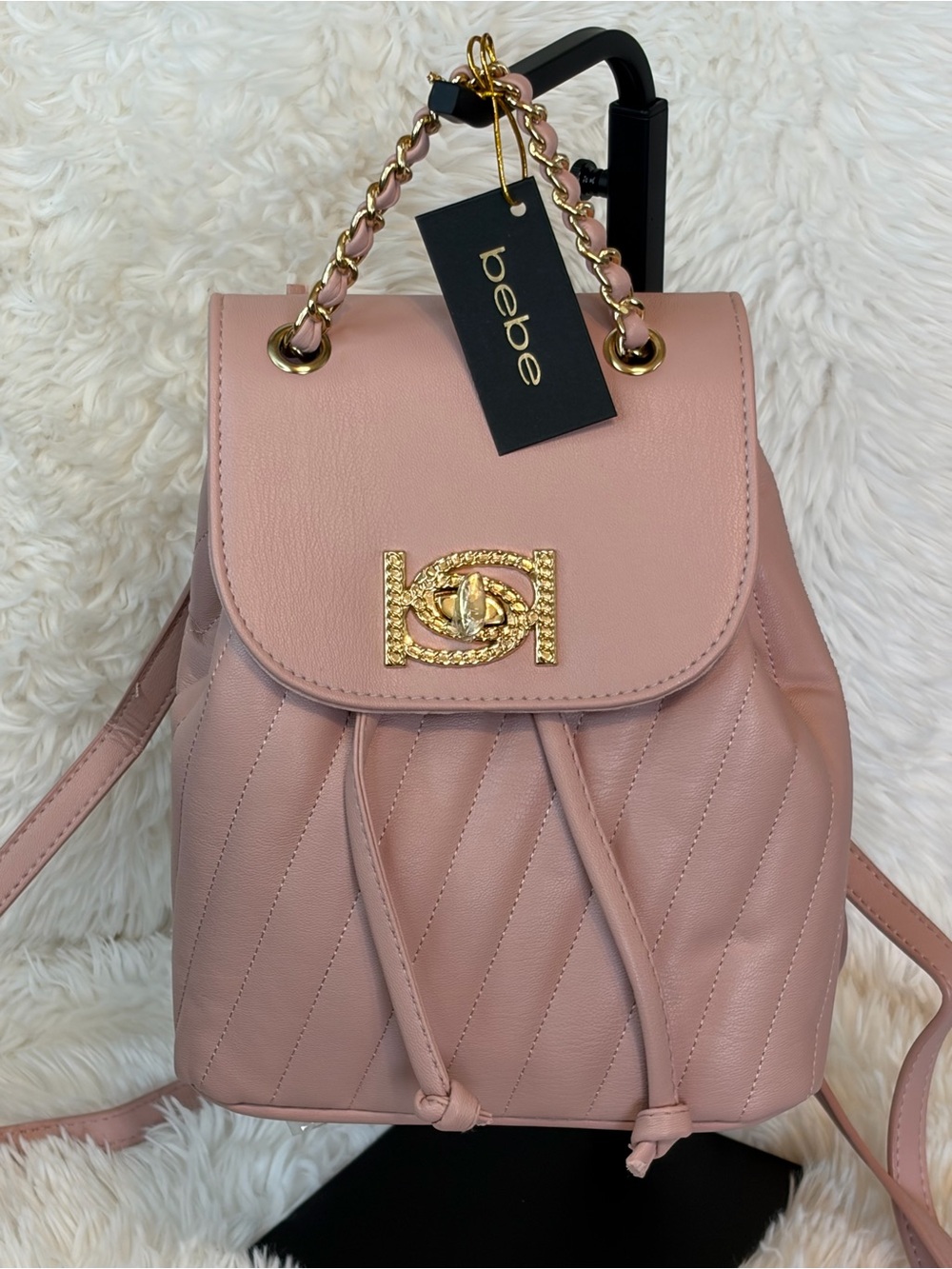bebe Blush Mini Quilted Leather Drawstring Backpack with Gold Hardware - Picture 1 of 6